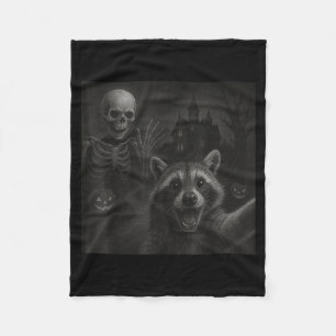 Raccoon Selfie With Skeleton Funny Raccoon Hallowe Fleece Blanket