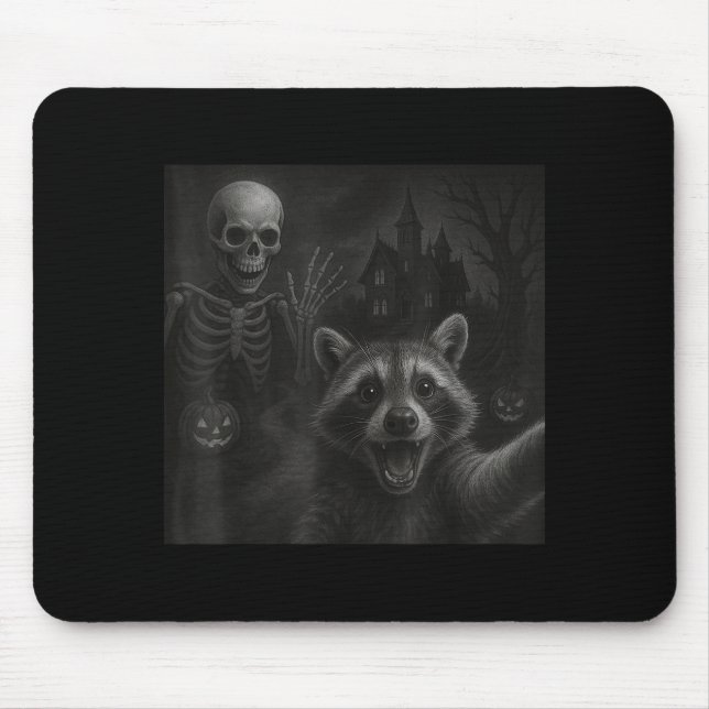 Raccoon Selfie With Skeleton Funny Raccoon Hallowe Mouse Mat (Front)