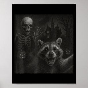 Raccoon Selfie With Skeleton Funny Raccoon Hallowe Poster