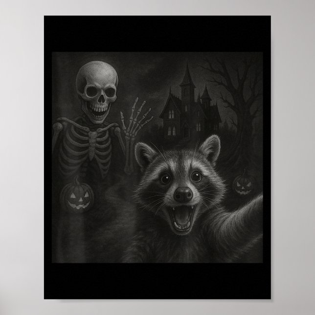 Raccoon Selfie With Skeleton Funny Raccoon Hallowe Poster (Front)