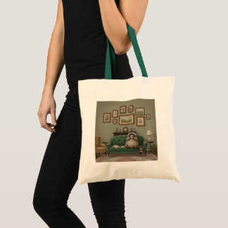 Raccoon sipping coffee on the sofa  tote bag