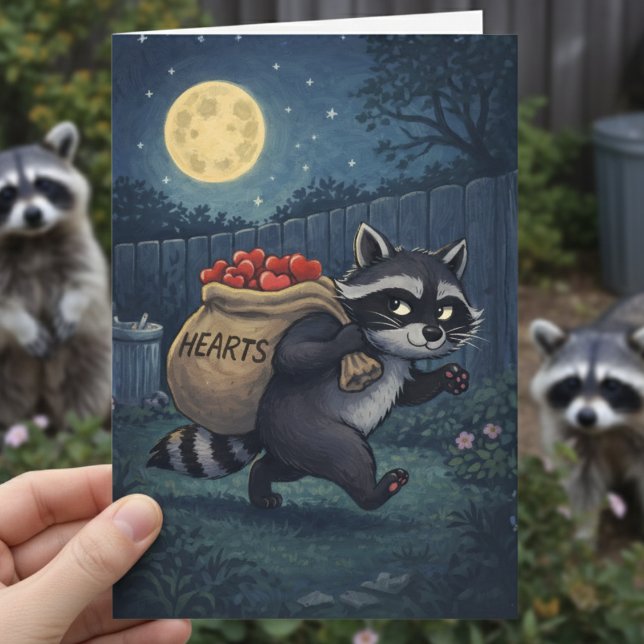 Raccoon Stealing Hearts sweet valentines Holiday Card (Creator Uploaded)
