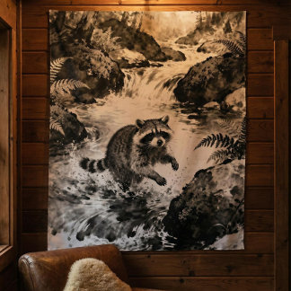 Raccoon Stream Tapestry | Forest Wildlife Art 
