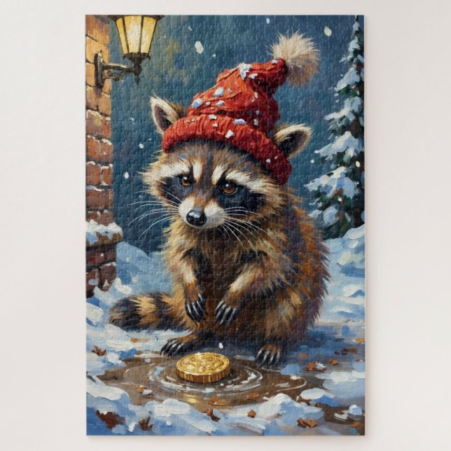 Raccoon Washing Stolen Christmas Gold Hat Jigsaw Puzzle (Vertical)