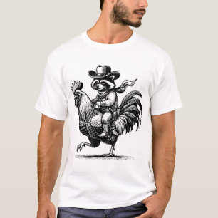 Raccoon With Cowboy Hat  Boots Riding Rooster  T-Shirt