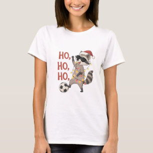 Raccoon with lights and Christmas hat playing socc T-Shirt
