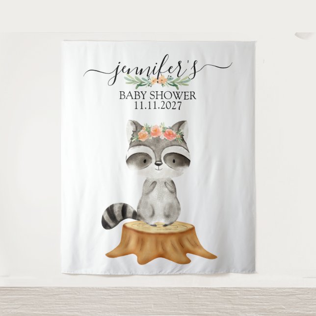 Raccoon Woodland Animals Baby Shower backdrop Tapestry (Front)