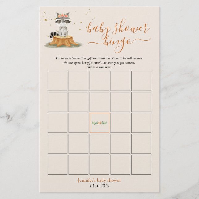 Raccoon Woodland Animals Baby Shower Bingo Game (Front)