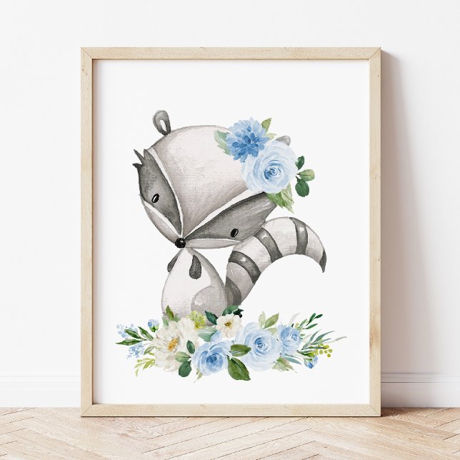 Raccoon, Woodland Animals, Boho, Blue Flowers Poster (Creator Uploaded)