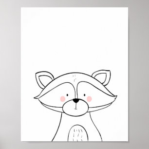 Raccoon Woodland Nursery Wall Art Monochrome
