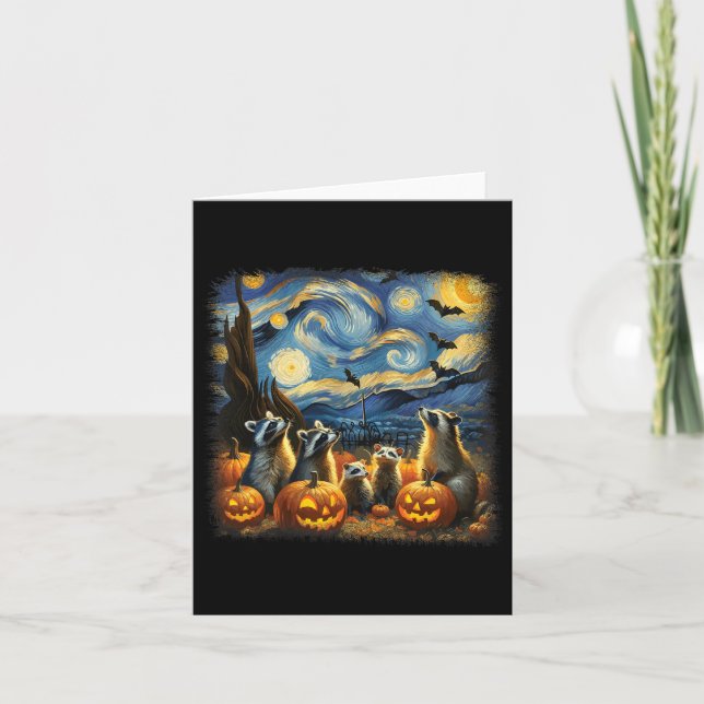 Raccoons And Possum Halloween Fall Van Gogh Starry Card (Front)