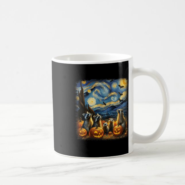 Raccoons And Possum Halloween Fall Van Gogh Starry Coffee Mug (Right)