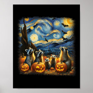 Raccoons And Possum Halloween Fall Van Gogh Starry Poster