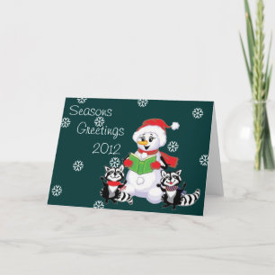 Raccoons and Snowman Christmas Carol Holiday Card