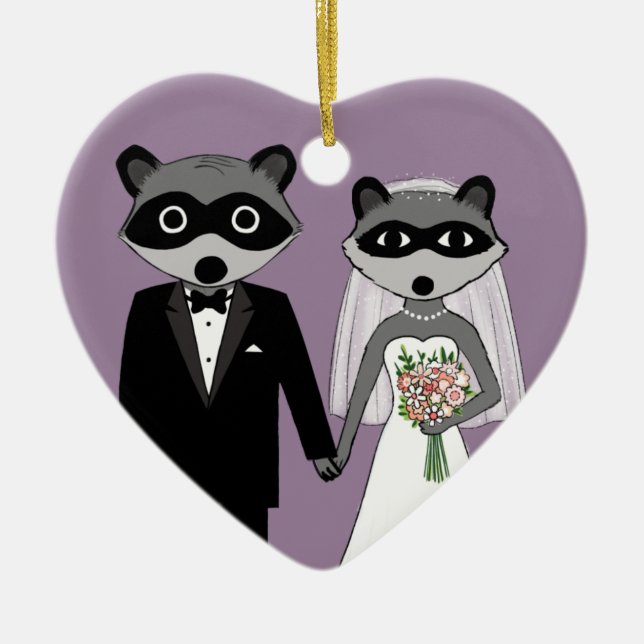 Raccoons Bride and Groom Cute Wedding Keepsake Ceramic Tree Decoration (Front)
