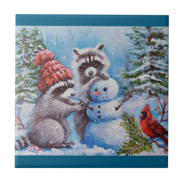 Raccoons, Cardinal, Snowman Decorative Tiles (Front)