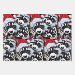 Raccoons Christmas Santa Hat Original Art Wrapping Paper Sheet