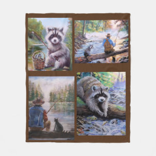 Raccoons Fishing Fleece Blanket