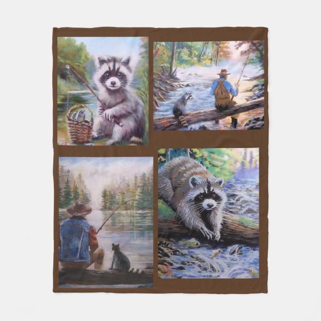 Raccoons Fishing Fleece Blanket (Front)