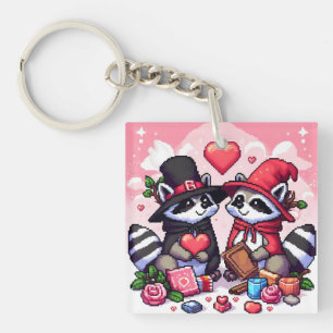 Raccoons in love pixel art key ring