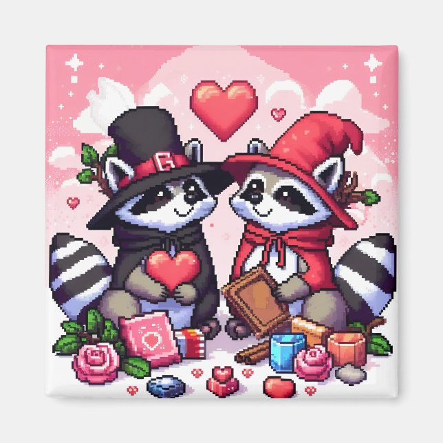 Raccoons in love pixel art magnet (Front)