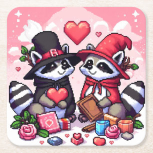 Raccoons in love pixel art square paper coaster