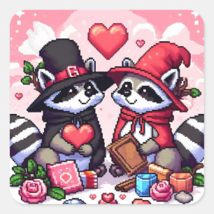 Raccoons in love pixel art square sticker