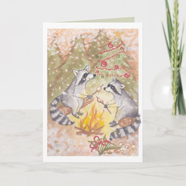 Raccoons Roasting Marshmallows Holiday Card (Front)