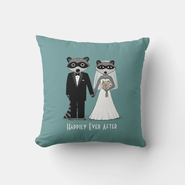 Raccoons Wedding Bride and Groom with Custom Text Cushion (Front)
