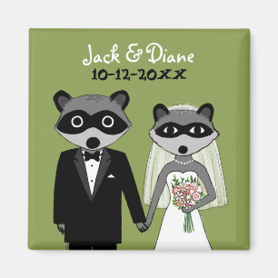 Raccoons Wedding Bride and Groom with Custom Text Magnet