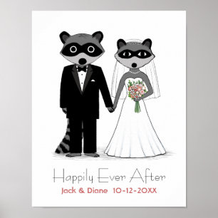 Raccoons Wedding Bride and Groom with Custom Text Poster