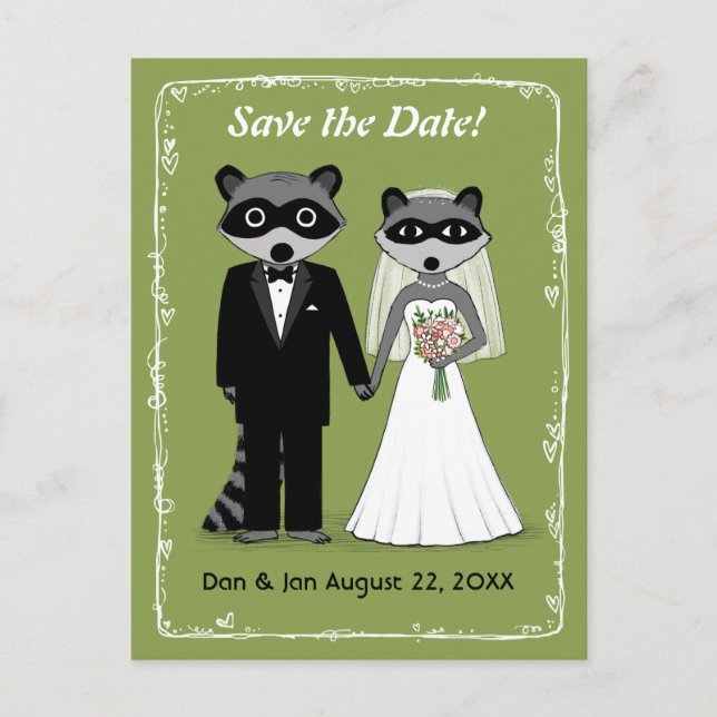 Raccoons Wedding Save the Date Green Announcement Postcard (Front)