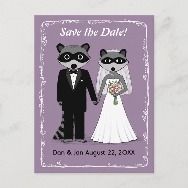 Raccoons Wedding Save the Date Purple Announcement Postcard (Front)