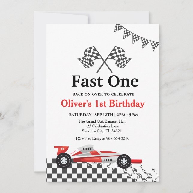 Race Car 1st Birthday, Boy Birthday Party Invitation (Front)