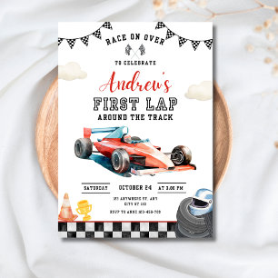Race Car 1st Birthday First Lap Racing Cars Party Invitation