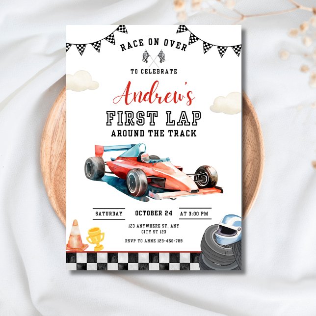 Race Car 1st Birthday Invitation, First Lap Racing Invitation (Creator Uploaded)