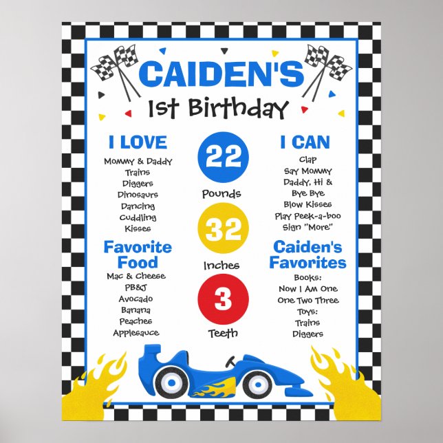 Race Car 1st Birthday Party Milestone  Poster (Front)