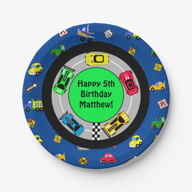 Race Car and Track Themed Boy's Birthday Party Paper Plate (Front)
