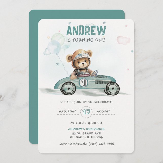 Race Car Baby Bear 1st Birthday  Invitation (Front/Back)