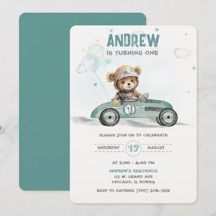 Race Car Baby Bear 1st Birthday Invitation