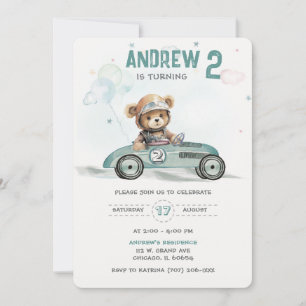Race Car Baby Bear 2nd Birthday Invitation