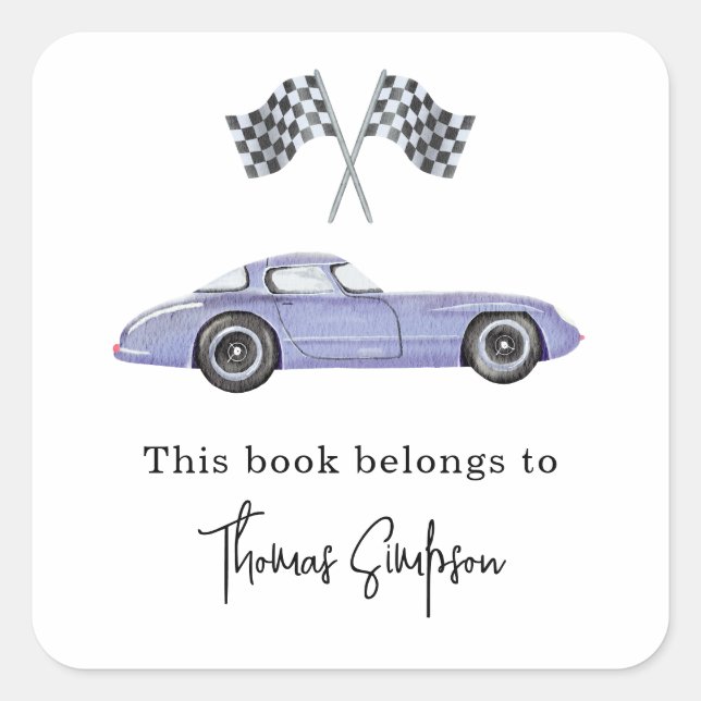 Race car - baby shower bookplate square sticker (Front)