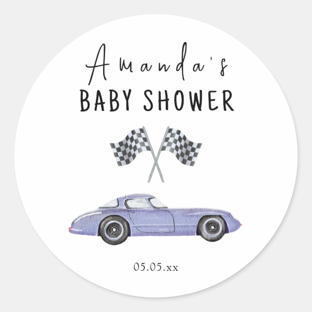 Race car Baby Shower Classic Round Sticker (Front)