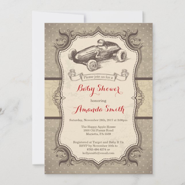 Race Car Baby Shower Invitation Vintage Retro (Front)