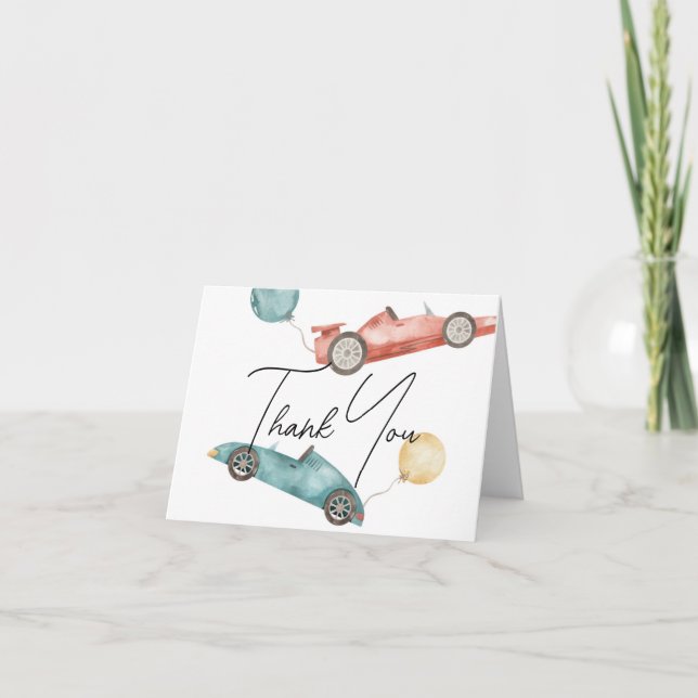 Race Car Baby Shower or Birthday Thank You Card (Front)