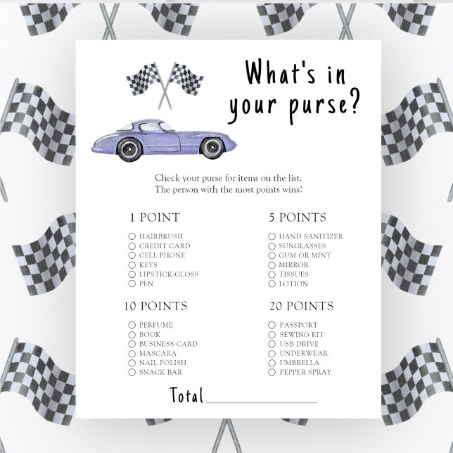 Race car baby shower Whats in your purse game (Creator Uploaded)