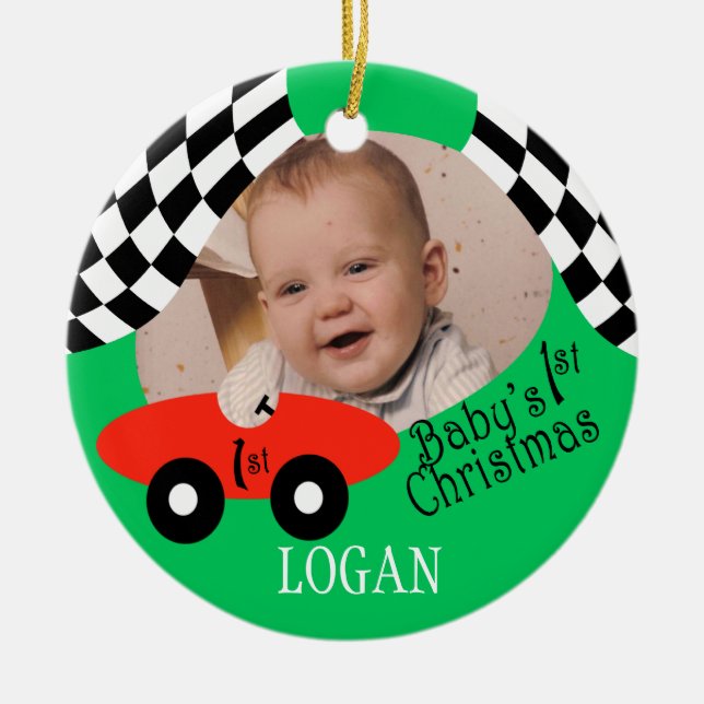 Race Car Baby's 1st Christmas Ceramic Tree Decoration (Front)