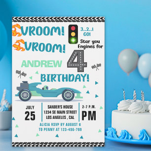 Race Car Birthday 4th - Boys Racin party Invitation