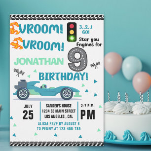 Race Car Birthday 9th - Boys Racin Party Invitation