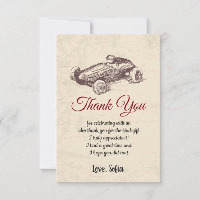 race car, birthday, baby shower,  thank you card (Front)